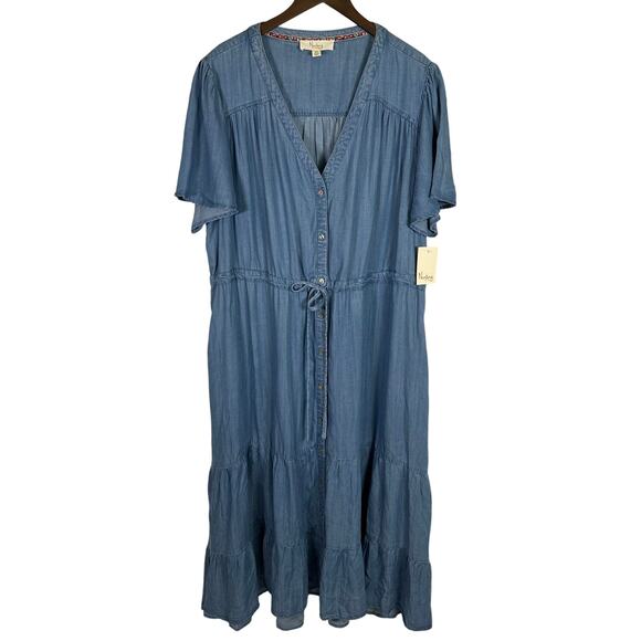 NWT Nurture by Westbound Flutter Sleeve Tiered Midi A-line Dress Tencel 2X Blue - Picture 1 of 11